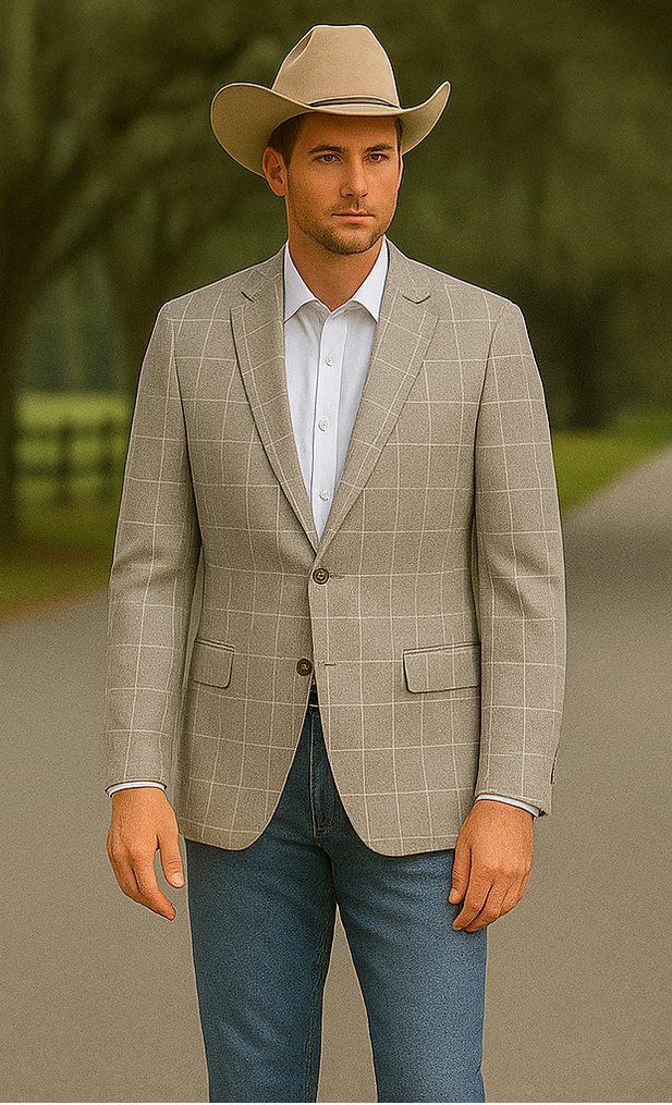 Saco vaquero - Western Sport Coat - Western Blazer-Mens Slim Fit Half Canvas Patch Pocket Summer Cotton Blazer In Brown Windowpane Plaid