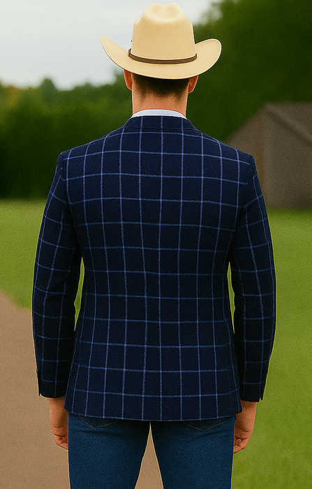 Saco vaquero - Western Sport Coat - Western Blazer- Men's Slim Fit Two Button Chalk Bold Windowpane Sport Coat In Navy Blue