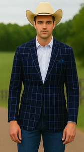 Saco vaquero - Western Sport Coat - Western Blazer- Men's Slim Fit Two Button Chalk Bold Windowpane Sport Coat In Navy Blue