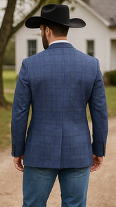 Saco vaquero - Western Sport Coat - Western Blazer- Mens Slim Fit Two Button Summer Linen Sport Coat Blazer In Navy Blue Windowpane Plaid