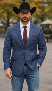 Saco vaquero - Western Sport Coat - Western Blazer- Mens Slim Fit Two Button Summer Linen Sport Coat Blazer In Navy Blue Windowpane Plaid