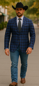 Saco vaquero - Western Sport Coat - Western Blazer- Mens Slim Fit Two Button Wool Sport Coat Blazer In Navy Blue & Grey Windowpane Plaid