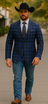 Saco vaquero - Western Sport Coat - Western Blazer- Mens Slim Fit Two Button Wool Sport Coat Blazer In Navy Blue & Grey Windowpane Plaid