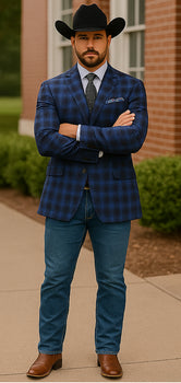 Saco vaquero - Western Sport Coat - Western Blazer- Mens Slim Fit Two Button Wool Sport Coat Blazer In Navy Blue & Grey Windowpane Plaid