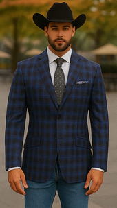 Saco vaquero - Western Sport Coat - Western Blazer- Mens Slim Fit Two Button Wool Sport Coat Blazer In Navy Blue & Grey Windowpane Plaid