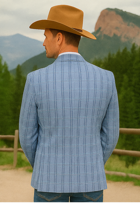Saco vaquero - Western Sport Coat - Western Blazer- Men's Two Button Business Casual Double Windowpane  Navy Blue Sport Coat