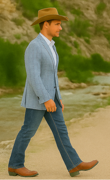 Saco vaquero - Western Sport Coat - Western Blazer- Men's Two Button Business Casual Double Windowpane  Navy Blue Sport Coat