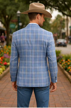 Saco vaquero - Western Sport Coat - Western Blazer- Men's Two Button Business Casual Double Windowpane Sport Coat In Blue