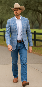 Saco vaquero - Western Sport Coat - Western Blazer- Men's Two Button Business Casual Double Windowpane Sport Coat In Blue
