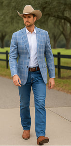 Saco vaquero - Western Sport Coat - Western Blazer- Men's Two Button Business Casual Double Windowpane Sport Coat In Blue