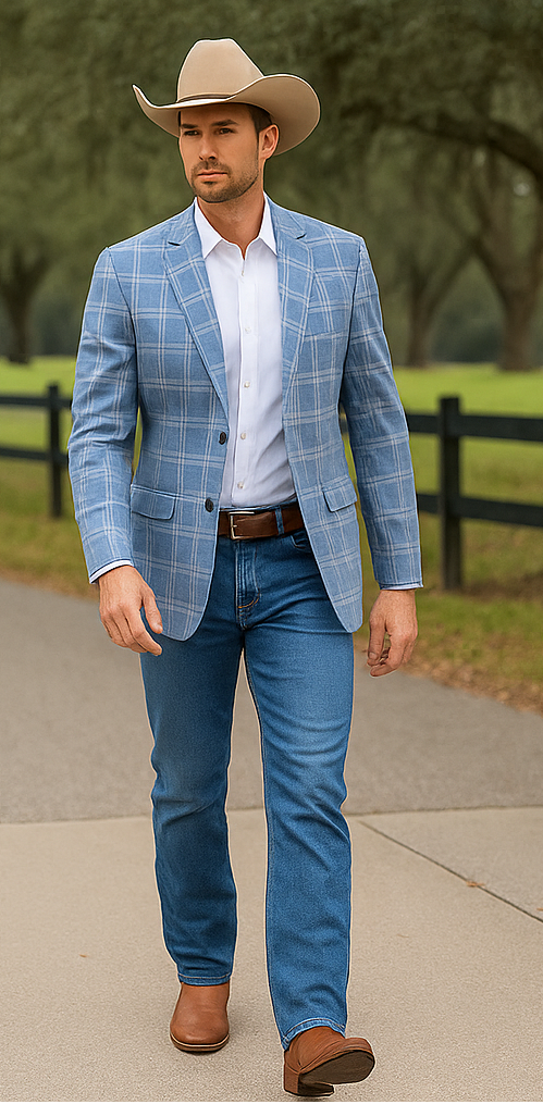 Saco vaquero - Western Sport Coat - Western Blazer- Men's Two Button Business Casual Double Windowpane Sport Coat In Light Blue