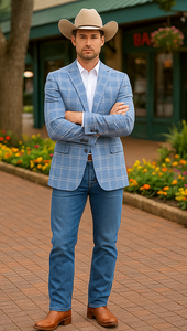 Saco vaquero - Western Sport Coat - Western Blazer- Men's Two Button Business Casual Double Windowpane Sport Coat In Blue