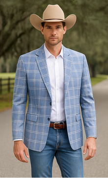 Saco vaquero - Western Sport Coat - Western Blazer- Men's Two Button Business Casual Double Windowpane Sport Coat In Blue