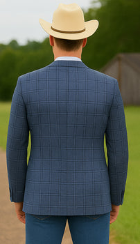 Saco vaquero - Western Sport Coat - Western Blazer- Men's Two Button Business Casual Double Windowpane Sport Coat In Light Blue