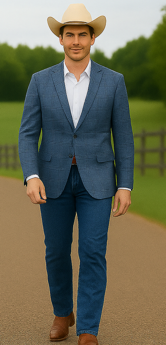 Saco vaquero - Western Sport Coat - Western Blazer- Men's Two Button Business Casual Double Windowpane Sport Coat In Light Blue