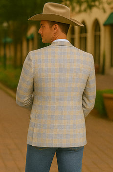 Saco vaquero - Western Sport Coat - Western Blazer- Men's Two Button Business Casual Glen Plaid Sports Coat In Tan & Blue