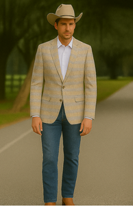 Saco vaquero - Western Sport Coat - Western Blazer- Men's Two Button Business Casual Glen Plaid Sports Coat In Tan & Blue