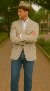 Saco vaquero - Western Sport Coat - Western Blazer- Men's Two Button Business Casual Glen Plaid Sports Coat In Tan & Blue