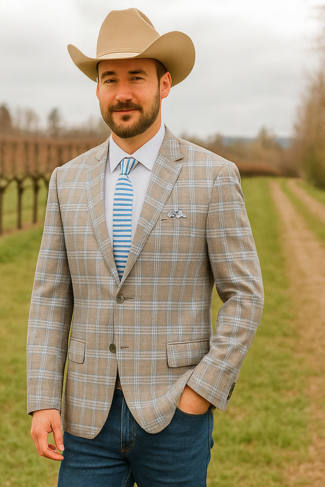 Saco vaquero - Western Sport Coat - Western Blazer - Mens Two Button Classic Fit Sport Coat Blazer In Grey Tan Windowpane Plaid