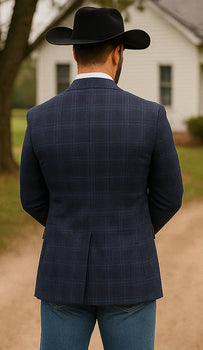 Saco vaquero - Western Sport Coat - Western Blazer- Mens Two Button Classic Fit Wool Stretch Sport Coat Blazer In Dark Navy Blue Windowpane Plaid