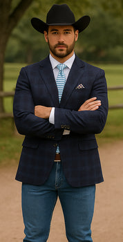 Saco vaquero - Western Sport Coat - Western Blazer- Mens Two Button Classic Fit Wool Stretch Sport Coat Blazer In Dark Navy Blue Windowpane Plaid