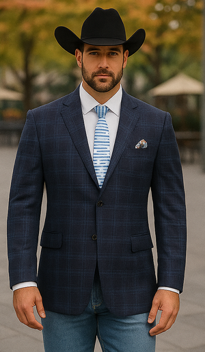 Saco vaquero - Western Sport Coat - Western Blazer- Mens Two Button Classic Fit Wool Stretch Sport Coat Blazer In Dark Navy Blue Windowpane Plaid