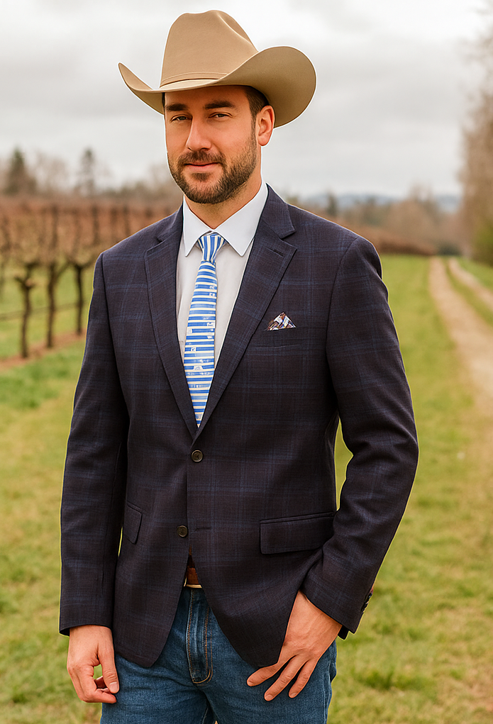 Saco vaquero - Western Sport Coat - Western Blazer- Mens Two Button Classic  Wool Stretch Sport Coat Blazer In Dark Navy Blue Windowpane Plaid