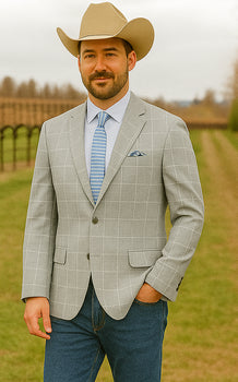 Saco vaquero - Western Sport Coat - Western Blazer   - Mens Two Button Slim Fit Sport Coat Blazer In Light Grey Ash Windowpane Plaid
