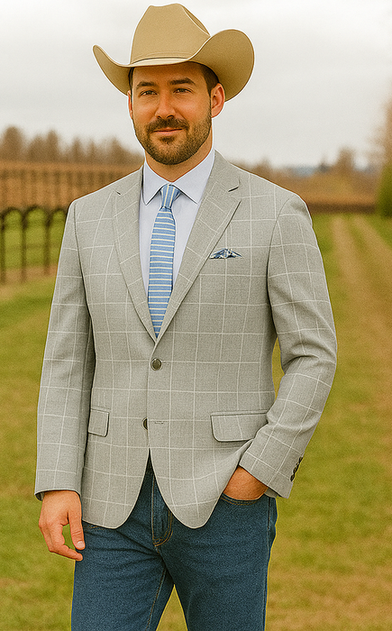 Saco vaquero - Western Sport Coat - Western Blazer   - Mens Two Button Slim Fit Sport Coat Blazer In Light Grey Ash Windowpane Plaid