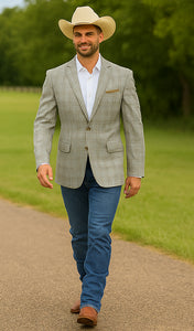 Saco vaquero - Western Sport Coat - Western Blazer- Men's Two Button Windowpane Plaid Grey Sport Coat