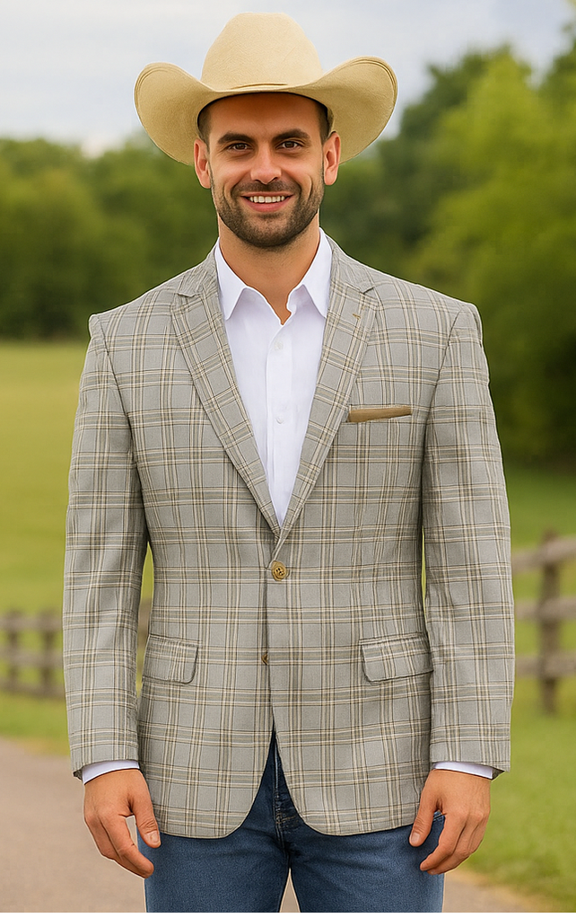 Saco vaquero - Western Sport Coat - Western Blazer - Men's Two Button Windowpane Plaid Light Grey Sport Coat main image 1