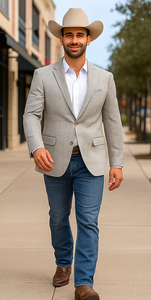 Saco vaquero - Western Sport Coat - Western Blazer - Men's Two Button Windowpane Plaid Light Grey Sport Coat