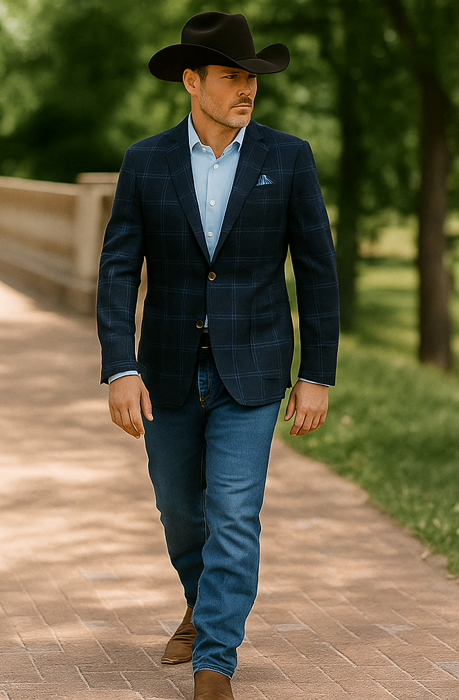 Saco vaquero - Western Sport Coat - Western Blazer - Mens Two Button Slim Fit Patch Pocket Cotton Blazer In Navy Windowpane