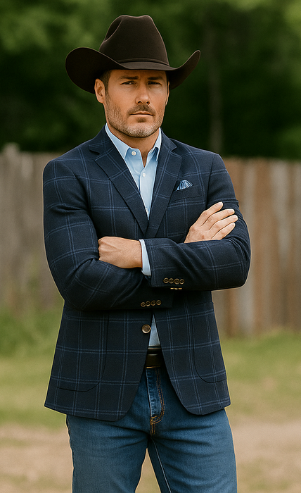 Saco vaquero - Western Sport Coat - Western Blazer - Mens Two Button Slim Fit Patch Pocket Cotton Blazer In Navy Windowpane