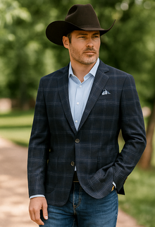 Saco vaquero - Western Sport Coat - Western Blazer - Mens Two Button Slim Fit Patch Pocket Cotton Blazer In Navy Windowpane