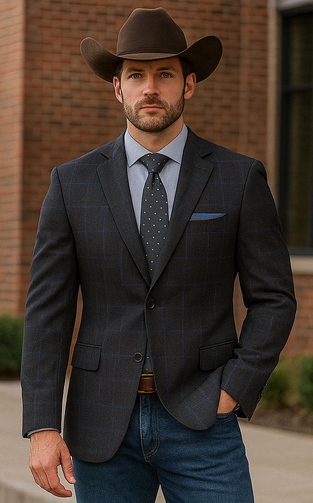 Saco vaquero - Western Sport Coat - Western Blazer-Mens Classic Fit Two Button Wool & Linen Sport Coat Blazer In Brown Windowpane Plaid Saco vaquero - Western Sport Coat - Western Blazer-Mens Classic Fit Two Button Wool & Linen Sport Coat Blazer In Brown Windowpane Plaid