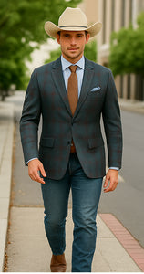 Saco vaquero - Western Sport Coat - Western Blazer- Mens Classic Fit Two Button Wool & Linen Sport Coat BlazerTeal Blue Windowpane Plaid