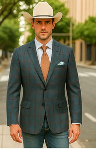 Saco vaquero - Western Sport Coat - Western Blazer- Mens Classic Fit Two Button Wool & Linen Sport Coat BlazerTeal Blue Windowpane Plaid