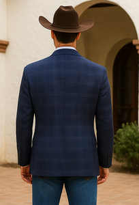 Saco vaquero - Western Sport Coat - Western Blazer   - Mens Classic Fit Two Button Wool & Linen Sport Coat Blazer In Blue Windowpane Plaid