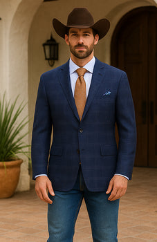 Saco vaquero - Western Sport Coat - Western Blazer   - Mens Classic Fit Two Button Wool & Linen Sport Coat Blazer In Blue Windowpane Plaid