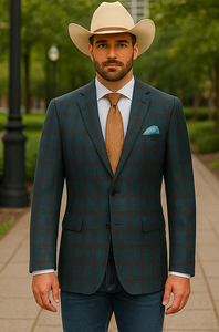 Saco vaquero - Western Sport Coat - Western Blazer- Mens Classic Fit Two Button Wool & Linen Sport Coat Blazer In Teal Blue Windowpane Plaid