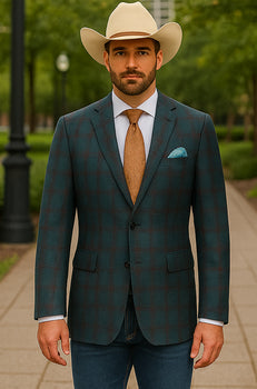 Saco vaquero - Western Sport Coat - Western Blazer- Mens Classic Fit Two Button Wool & Linen Sport Coat Blazer In Teal Blue Windowpane Plaid