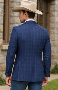 Saco vaquero - Traje Para Hombre - Western Sport Coat - Western Blazer - Mens Designer Two Button Slim Fit Notch Lapel Suit In Dark Blue Windowpane Plaid Weave