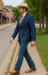 Saco vaquero - Traje Para Hombre - Western Sport Coat - Western Blazer - Mens Designer Two Button Slim Fit Notch Lapel Suit In Dark Blue Windowpane Plaid Weave