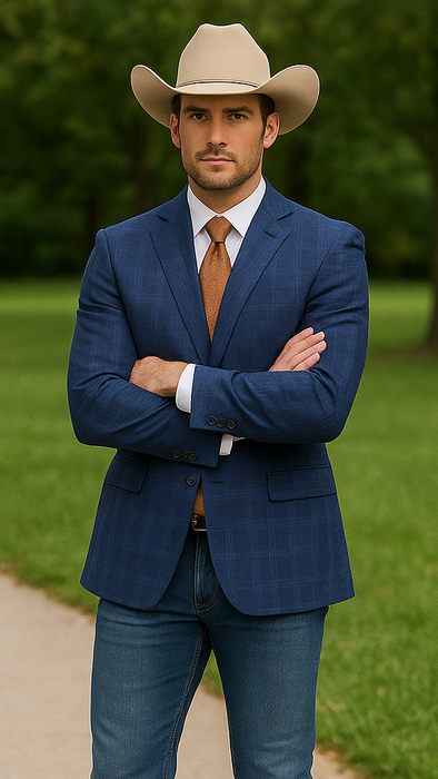 Saco vaquero - Western Sport Coat - Western Blazer - Mens Designer Two Button Slim Fit Notch Lapel Suit In Dark Blue Windowpane Plaid Weave