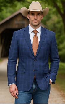 Saco vaquero - Traje Para Hombre - Western Sport Coat - Western Blazer - Mens Designer Two Button Slim Fit Notch Lapel Suit In Dark Blue Windowpane Plaid Weave