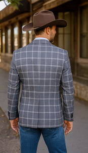 Saco vaquero - Traje Para Hombre - Western Sport Coat - Western Blazer - Mens Designer Two Button Slim Fit Notch Lapel Wool Suit In Bold Medium Grey Windowpane Plaid