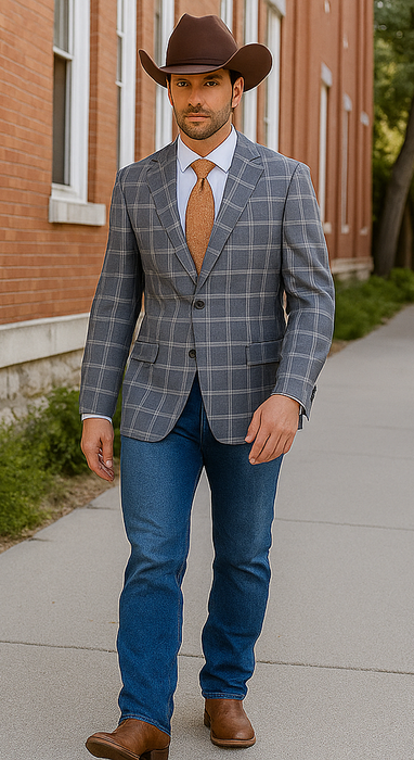 Saco vaquero - Western Sport Coat - Western Blazer - Mens Designer Two Button Slim Fit Notch Lapel Wool Suit In Bold Medium Grey Windowpane Plaid