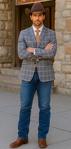 Saco vaquero - Traje Para Hombre - Western Sport Coat - Western Blazer - Mens Designer Two Button Slim Fit Notch Lapel Wool Suit In Bold Medium Grey Windowpane Plaid