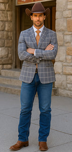 Saco vaquero - Traje Para Hombre - Western Sport Coat - Western Blazer - Mens Designer Two Button Slim Fit Notch Lapel Wool Suit In Bold Medium Grey Windowpane Plaid